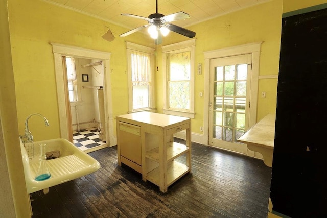 410 S Cherry St, Hammond, LA 70401 - kitchen with white dishwasher, dark wood-style flooring, a ceiling fan, ornamental molding, and light countertops
