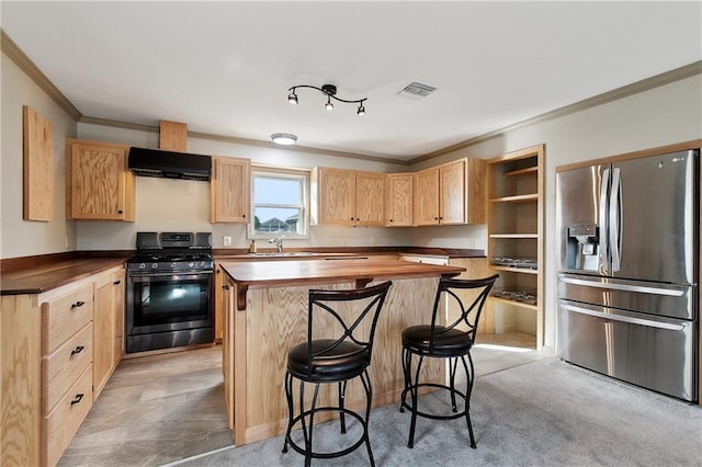 232 Janet Lynn Ct, Theriot, LA 70397 - kitchen with appliances with stainless steel finishes, extractor fan, butcher block countertops, ornamental molding, and light brown cabinets
