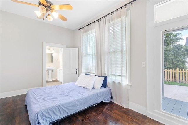 312 N Oak St, Hammond, LA 70401 - bedroom with wood finished floors, access to outside, baseboards, ceiling fan, and ensuite bathroom