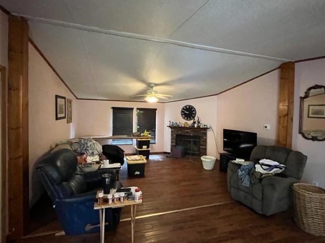 36241CENTRALAVENUE Central Ave, Pearl River, LA 70452 - living room with ceiling fan, wood finished floors, vaulted ceiling, and a brick fireplace