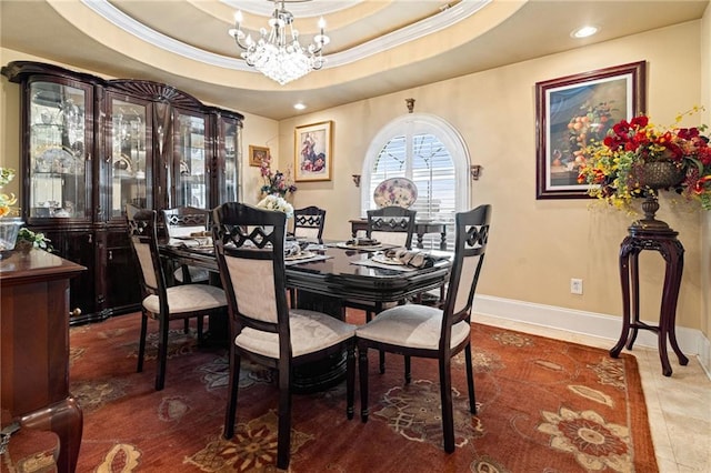 6755 Lake Willow Dr, New Orleans, LA 70126 - tiled dining area featuring a chandelier, ornamental molding, baseboards, recessed lighting, and a tray ceiling