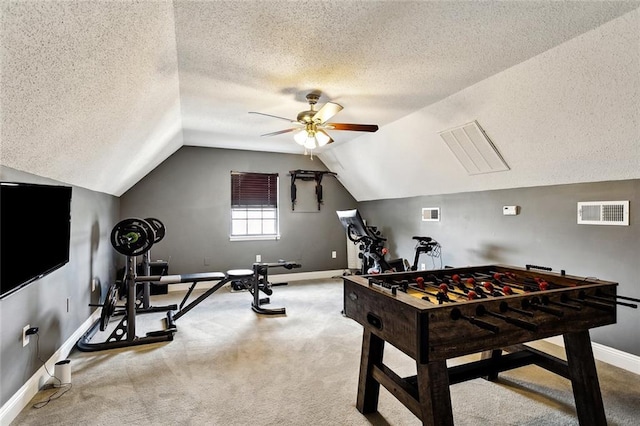 352 Moonraker Dr, Slidell, LA 70461 - playroom featuring a ceiling fan, baseboards, carpet flooring, lofted ceiling, and a textured ceiling