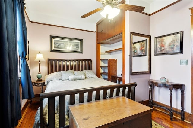 115 N Scott St, New Orleans, LA 70119 - bedroom featuring hardwood / wood-style flooring, baseboards, crown molding, and a ceiling fan