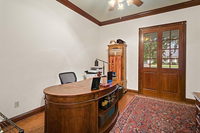 553 Beau Chene Dr, Mandeville, LA 70471 - office space featuring crown molding, wood finished floors, and a ceiling fan