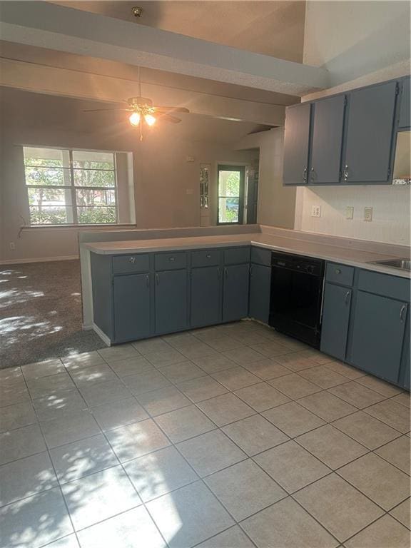 25594 W Spruce St, Lacombe, LA 70445 - kitchen featuring black dishwasher, gray cabinetry, a peninsula, light tile patterned flooring, and light countertops