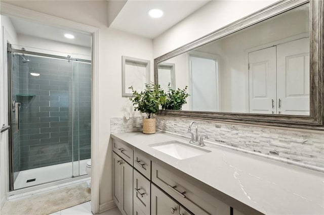 640 Tete Lours Dr Unit 28, Mandeville, LA 70471 - bathroom featuring vanity, a stall shower, toilet, recessed lighting, and backsplash