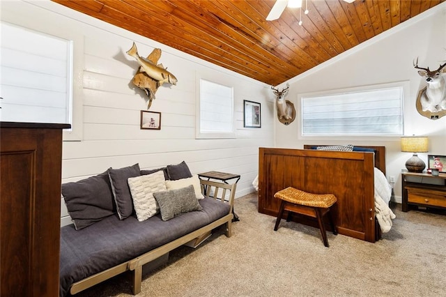 27044 Lucille Dr, Lacombe, LA 70445 - carpeted bedroom featuring lofted ceiling, wood ceiling, and a ceiling fan