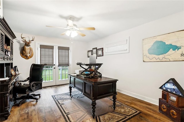 27044 Lucille Dr, Lacombe, LA 70445 - home office with french doors, ceiling fan, wood finished floors, and baseboards