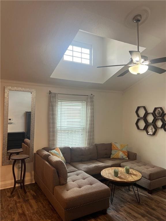 2201 Houma Blvd Unit 303, Metairie, LA 70001 - living area featuring dark wood-type flooring, vaulted ceiling, a ceiling fan, and crown molding