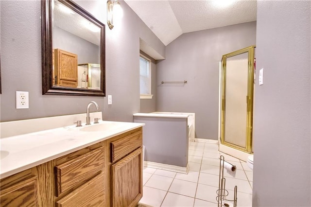 21360 Stire St, Abita Springs, LA 70420 - bathroom with an enclosed shower, vaulted ceiling, double vanity, toilet, and tile patterned floors