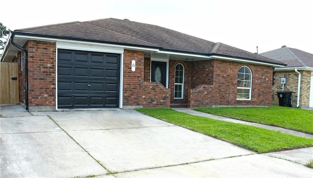 6 Marywood Ct, New Orleans, LA 70128 - ranch-style home with an attached garage, driveway, brick siding, a shingled roof, and a front yard