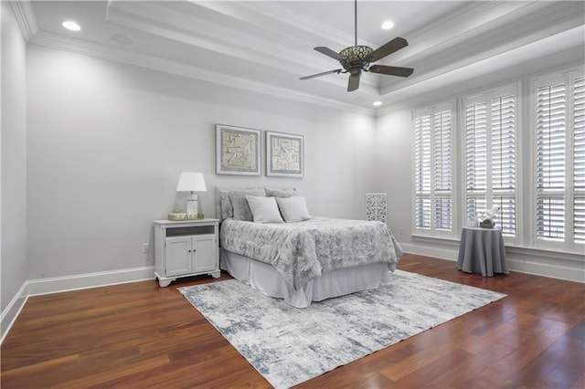 1125 Lakeshore Blvd, Slidell, LA 70461 - bedroom with a tray ceiling, ornamental molding, dark wood-type flooring, baseboards, and recessed lighting