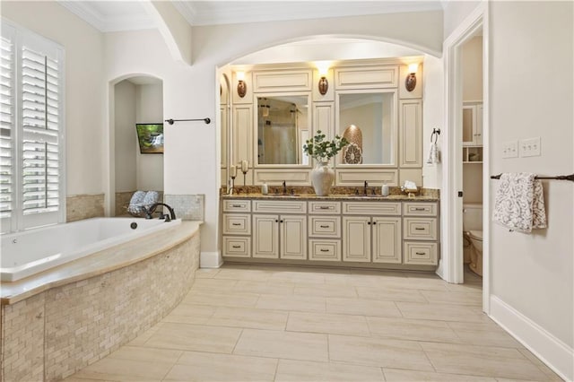 1125 Lakeshore Blvd, Slidell, LA 70461 - bathroom featuring toilet, a bath, double vanity, crown molding, and a shower