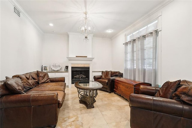 114 Kendrick Dr, Slidell, LA 70461 - living area with ornamental molding, a chandelier, a premium fireplace, and recessed lighting