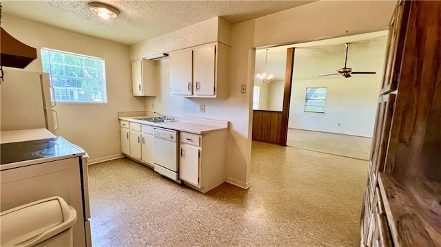 365 Cottage Ct, La Place, LA 70068 - kitchen with white appliances, ceiling fan, light countertops, light flooring, and a textured ceiling