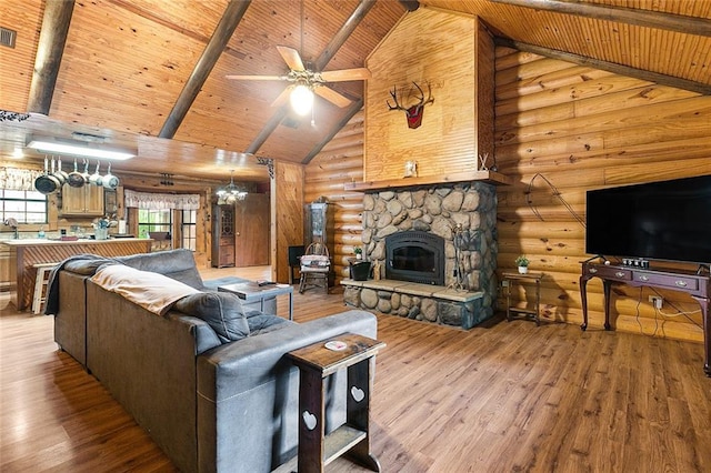 138 Ned Ave, Slidell, LA 70460 - living area with wooden ceiling with exposed beams, hardwood / wood-style floors, log walls, high vaulted ceiling, and ceiling fan