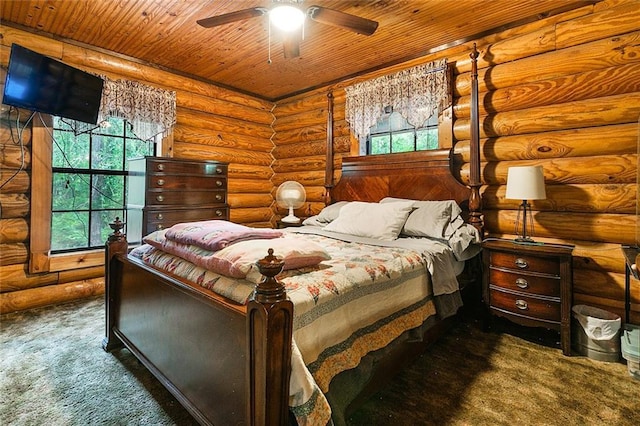 138 Ned Ave, Slidell, LA 70460 - bedroom featuring carpet flooring, multiple windows, rustic walls, wood ceiling, and a ceiling fan