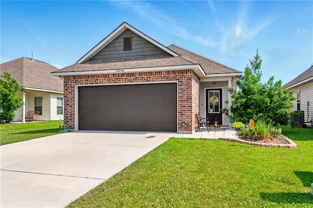 23406 Ruger Dr, Denham Springs, LA 70726 - ranch-style house featuring brick siding, an attached garage, concrete driveway, a front lawn, and roof with shingles