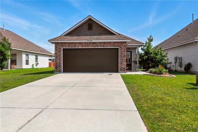 23406 Ruger Dr, Denham Springs, LA 70726 - view of front of house featuring brick siding, a front lawn, a garage, concrete driveway, and a shingled roof
