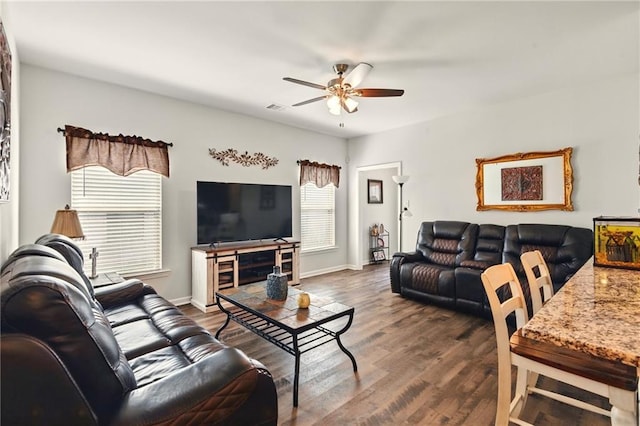 23406 Ruger Dr, Denham Springs, LA 70726 - living room featuring ceiling fan, wood finished floors, and baseboards