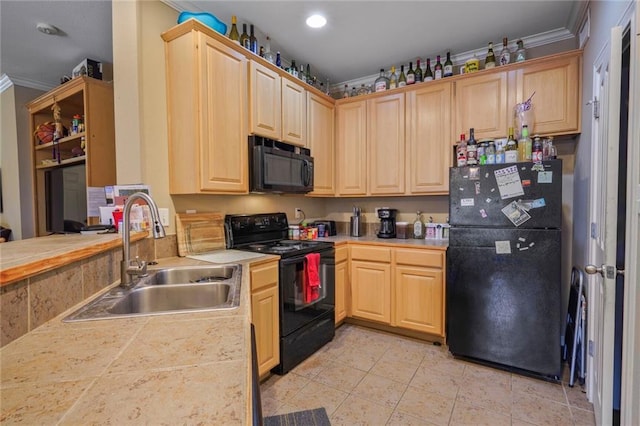 4000 Lake Beau Pre Blvd Unit 100, Baton Rouge, LA 70820 - kitchen with black appliances, a sink, light brown cabinetry, crown molding, and recessed lighting