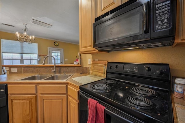 4000 Lake Beau Pre Blvd Unit 100, Baton Rouge, LA 70820 - kitchen with black appliances, a sink, crown molding, light countertops, and a chandelier