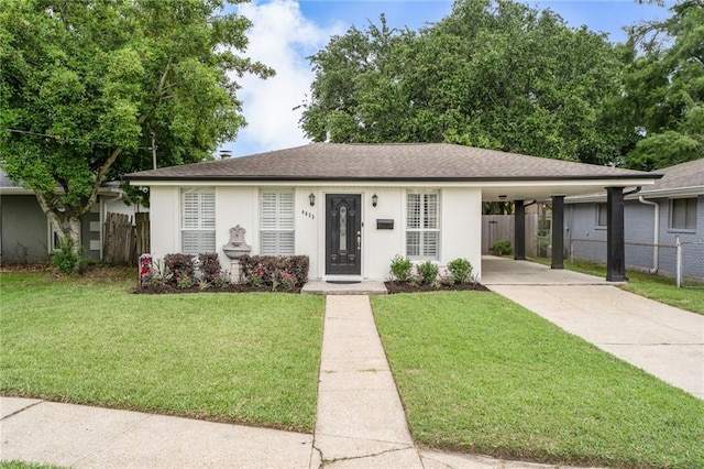 4633 Glendale St, Metairie, LA 70006 - ranch-style home featuring driveway, an attached carport, stucco siding, and roof with shingles