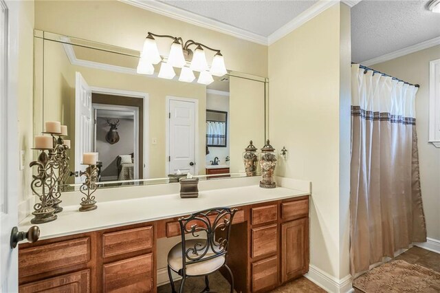 4633 Glendale St, Metairie, LA 70006 - full bath featuring vanity, crown molding, a shower with curtain, baseboards, and a textured ceiling