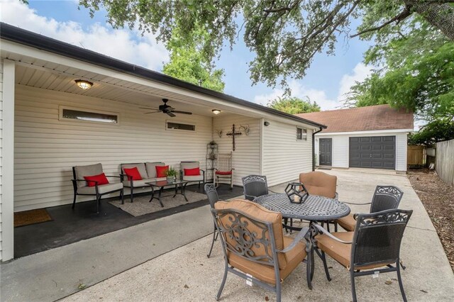 4633 Glendale St, Metairie, LA 70006 - view of patio with ceiling fan, outdoor dining space, and an outdoor structure