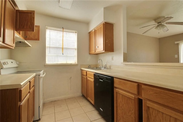 461214 Grammar Ave, Metairie, LA 70001 - kitchen with white range with electric cooktop, black dishwasher, a ceiling fan, and plenty of natural light