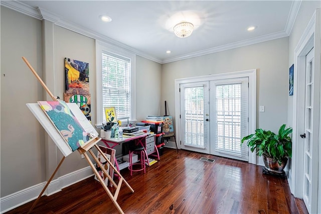 2134 Harmony St, New Orleans, LA 70115 - home office featuring french doors, wood finished floors, crown molding, recessed lighting, and baseboards