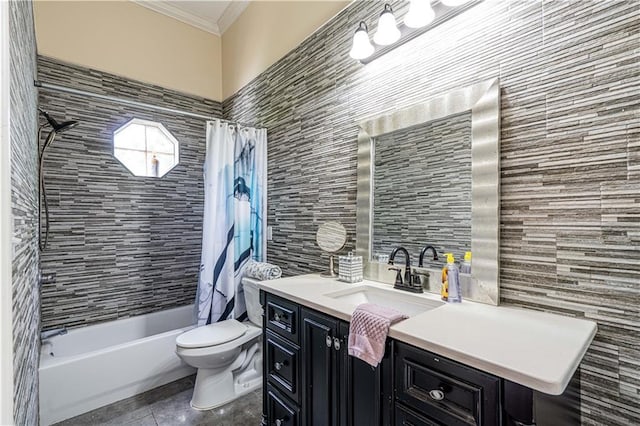 2134 Harmony St, New Orleans, LA 70115 - bathroom with tile walls, crown molding, toilet, tile patterned floors, and shower / bath combo with shower curtain
