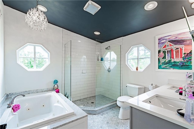 2134 Harmony St, New Orleans, LA 70115 - full bathroom featuring a tub with jets, a stall shower, toilet, healthy amount of natural light, and recessed lighting