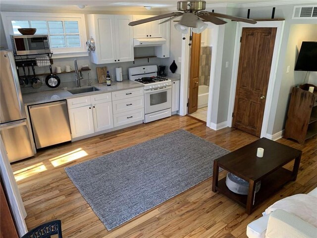 1228 Pine St, New Orleans, LA 70118 - kitchen with appliances with stainless steel finishes, under cabinet range hood, a sink, white cabinetry, and ornamental molding