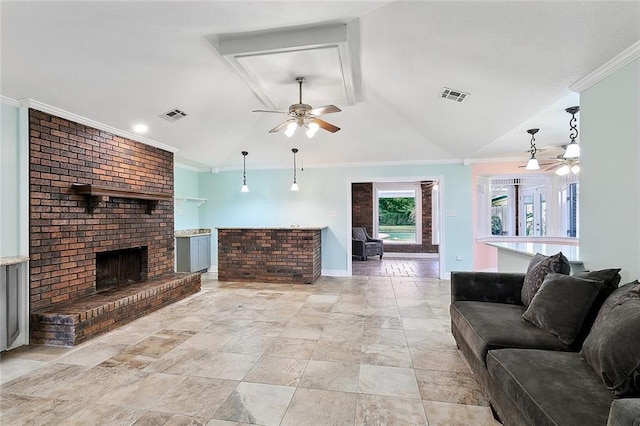 335 Devon Rd, La Place, LA 70068 - living area with ceiling fan, ornamental molding, baseboards, a fireplace, and light stone finish flooring