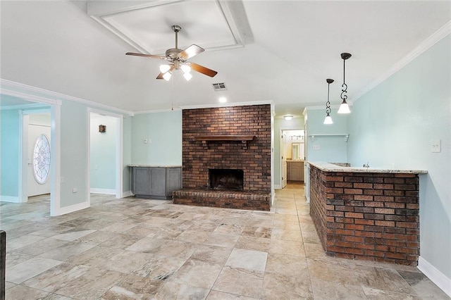 335 Devon Rd, La Place, LA 70068 - unfurnished living room featuring ceiling fan, a fireplace, ornamental molding, baseboards, and light stone finish flooring