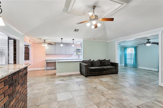 335 Devon Rd, La Place, LA 70068 - living room with ceiling fan, stone tile flooring, healthy amount of natural light, ornamental molding, and high vaulted ceiling