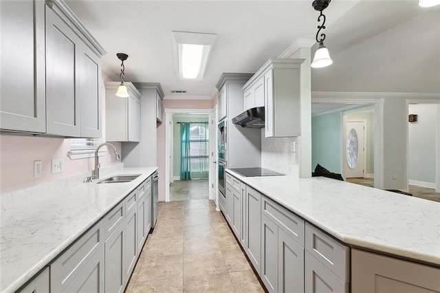 335 Devon Rd, La Place, LA 70068 - kitchen with a sink, under cabinet range hood, gray cabinets, appliances with stainless steel finishes, and ornamental molding