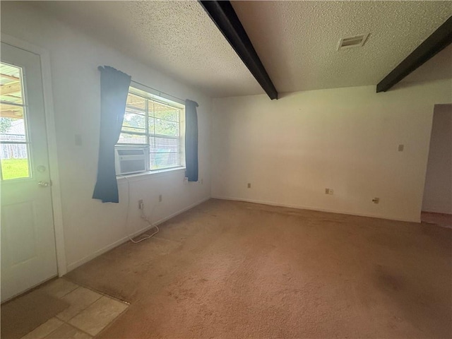 106 Leonell Cir, Slidell, LA 70458 - empty room with a textured ceiling, beamed ceiling, light colored carpet, and cooling unit