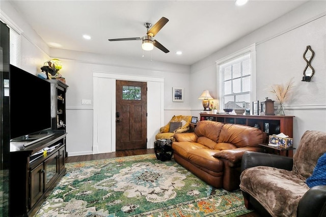 4409 Annette St, New Orleans, LA 70122 - living room featuring wood finished floors, a ceiling fan, healthy amount of natural light, and recessed lighting