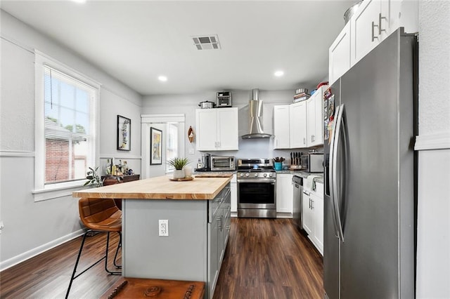 4409 Annette St, New Orleans, LA 70122 - kitchen featuring wall chimney exhaust hood, stainless steel appliances, butcher block counters, dark wood-style floors, and a kitchen bar