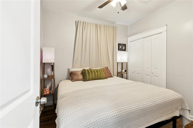 4409 Annette St, New Orleans, LA 70122 - bedroom featuring dark wood-style floors, a closet, a ceiling fan, and baseboards