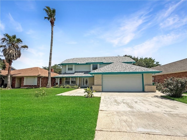 177 Moonraker Dr, Slidell, LA 70458 - traditional home featuring an attached garage, brick siding, concrete driveway, a front yard, and a shingled roof