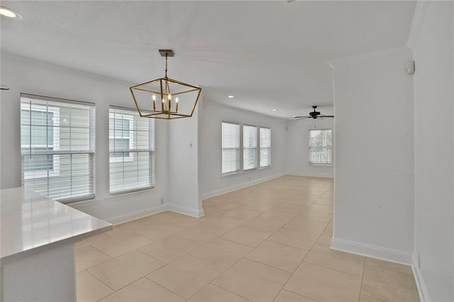 227 20th St, New Orleans, LA 70124 - unfurnished dining area with a chandelier, recessed lighting, light tile patterned flooring, baseboards, and a ceiling fan