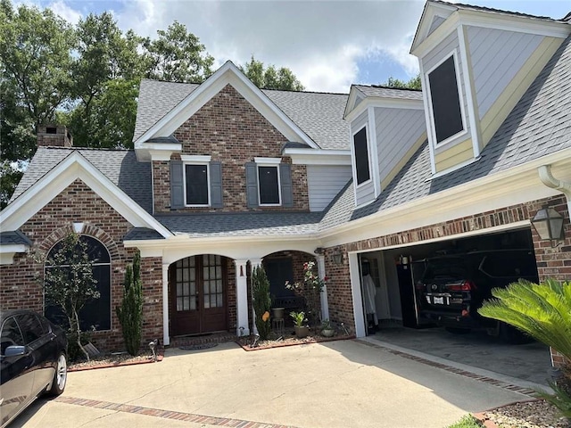 108 Riverbirch Dr, Lafayette, LA 70508 - view of front of house with a shingled roof, french doors, driveway, and brick siding