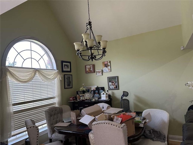 108 Riverbirch Dr, Lafayette, LA 70508 - dining space with a chandelier, high vaulted ceiling, and an office area