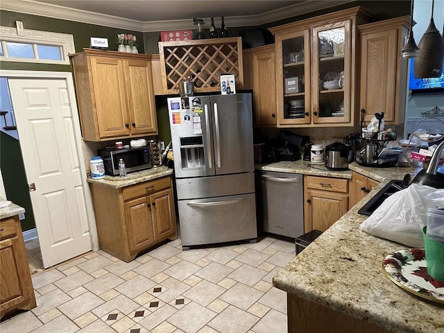 108 Riverbirch Dr, Lafayette, LA 70508 - kitchen with stainless steel appliances, light stone finish flooring, brown cabinetry, glass insert cabinets, and crown molding