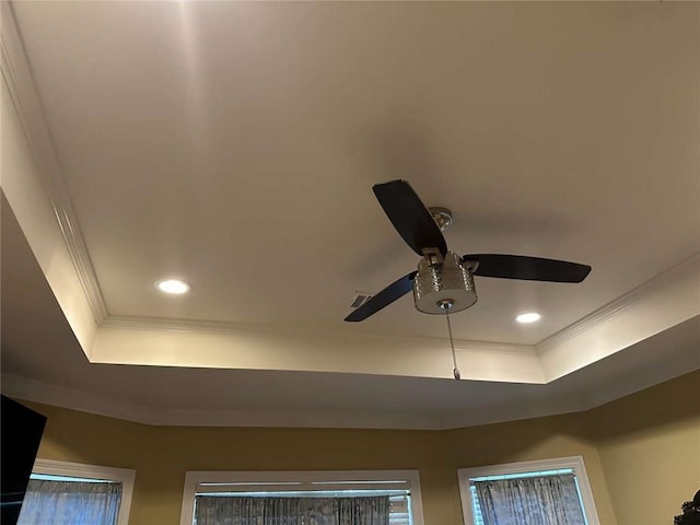 108 Riverbirch Dr, Lafayette, LA 70508 - detailed view of ornamental molding, ceiling fan, a tray ceiling, and recessed lighting