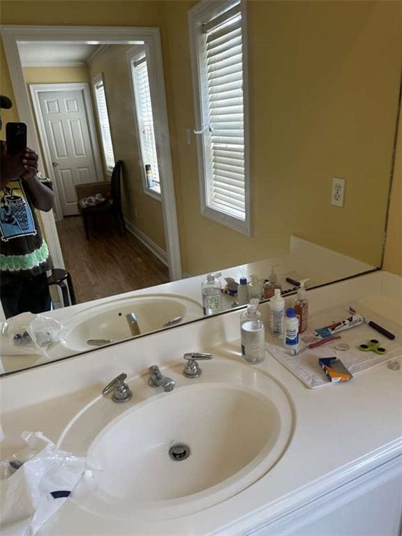108 Riverbirch Dr, Lafayette, LA 70508 - bathroom featuring vanity, wood finished floors, and crown molding
