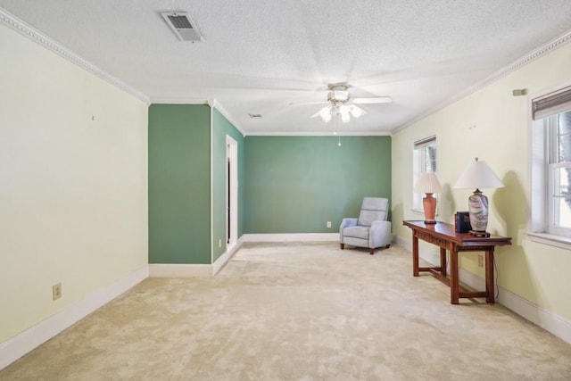 1400 Velma St, Metairie, LA 70001 - living area featuring carpet floors, ornamental molding, a ceiling fan, a textured ceiling, and baseboards